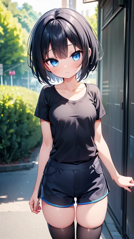 Highest quality,wonderful,finely,Highly detailed CG Unity 8k wallpaper, (1 Girl,Black Hair, blue eyes,short hair, Double Bang), (Small breasts:1.2), (T-Shirts:1.1),  (clavicle:1.1), Shorts、(zettai ryouiki:1.2),(narrow:1.2), (Are standing:1.2)