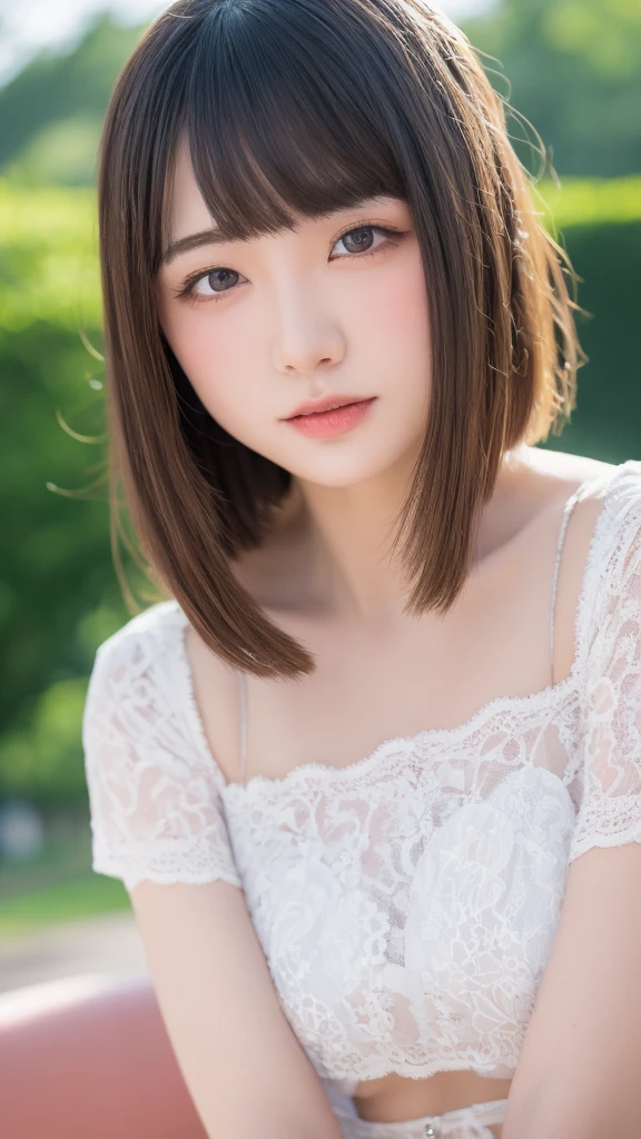 ((Highest quality, Best image quality, Ultra-high resolution)), (Photorealistic), (Realistic), (Ultra-high resolution), Tabletop, Highest quality, Raw photo, Beautiful and fair、Glowing Skin,  nice, bright, Refreshing and gentle look, Perfect beautiful face、Beautiful shiny bangs, A very beautiful 25 year old woman, eyeliner, Very perfect eyes，Lace suspenders, sitting on the park bench,