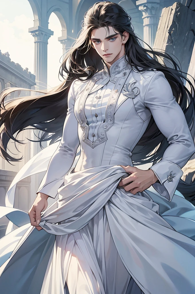 The cover of the male-female novel presents a captivating scene, featuring a man with broad, muscular shoulders and a chiseled, cold face. His piercing blue eyes radiate an air of intense focus. In stark contrast, a beautiful woman with a sweet, inviting smile graces the other half of the image. Her long, cascading white dress flows gently in the wind, adding an ethereal quality to her allure.
Both figures are rendered in intricate detail, with every crease and curve skillfully crafted to bring their presence to life. The man's modern suit, tailored to perfection, accentuates his strong, commanding presence. Meanwhile, the woman