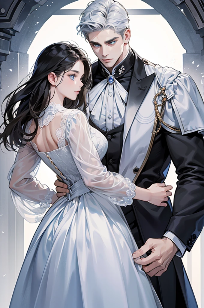 The cover of the male-female novel presents a captivating scene, featuring a man with broad, muscular shoulders and a chiseled, cold face. His piercing blue eyes radiate an air of intense focus. In stark contrast, a beautiful woman with a sweet, inviting smile graces the other half of the image. Her long, cascading white dress flows gently in the wind, adding an ethereal quality to her allure.
Both figures are rendered in intricate detail, with every crease and curve skillfully crafted to bring their presence to life. The man's modern suit, tailored to perfection, accentuates his strong, commanding presence. Meanwhile, the woman