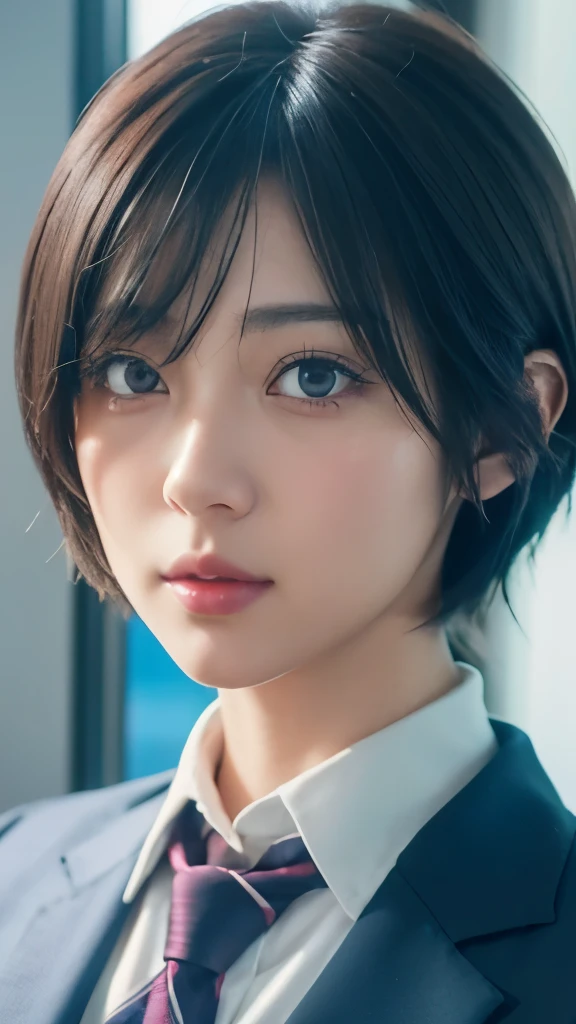 anime girl with short hair and a tie looking out a window, beautiful anime portrait, smooth anime cg art, detailed portrait of anime girl, stunning anime face portrait, portrait anime girl, anime. soft lighting, realistic anime artstyle, anime art wallpaper 8 k, beautiful anime girl, detailed digital anime art, digital art ilya kuvshinov, anime style 4 k