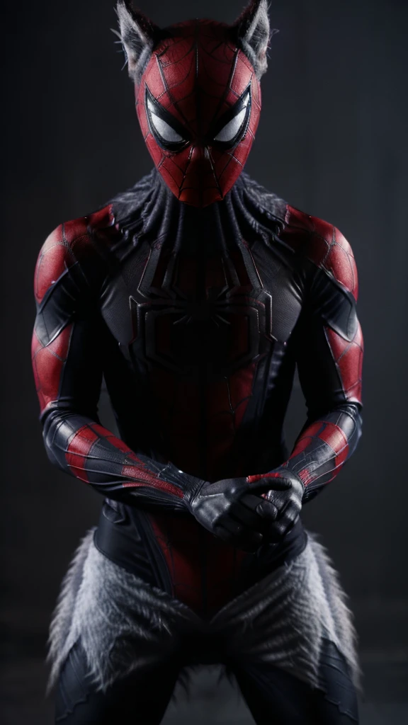 lman (spiderman suit), (((body and palm posture like a wolf man, the whole body and torso are covered in a spider man costume))), (the color of the spider man costume is dark gray and black with red and dark blue accents, a fine feather pattern motif that appears on the oengan and legs with obvious wolf claws)