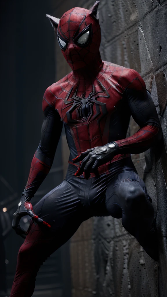 lman (spiderman suit), (((body and palm posture like a wolf man, the whole body and torso are covered in a spider man costume))), (the color of the spider man costume is dark gray and black with red and dark blue accents, a fine feather pattern motif that appears on the oengan and legs with obvious wolf claws)