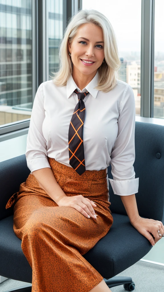 mature woman in, 55 years old, Alone, casual hair, lifting skirt for showing something,  Looking at the viewer, white hair, Brown eyes, Jewelry, Full body, (wearing tie tube, elegant patterned collared orange shirt), Distant photo, Realistic, A sexy one, beautiful colour, Luxury bed room views, Lots of candle night Views, Perfect skin, 3 bust size, instagram (Realistic, A high resolution), Shoot this image in high resolution with a 35mm lens to get a good perspective, photo size 3:4, 1 cute sexy mature woman, large expressive blue eyes, happy, (8K, raw photo, Best quality, High detail, curvaceous forms, curvy body, She sitting on office, she sat in the office chair , body full of soap suds, smile Extraordinary Pleasure, big windows city night views background 