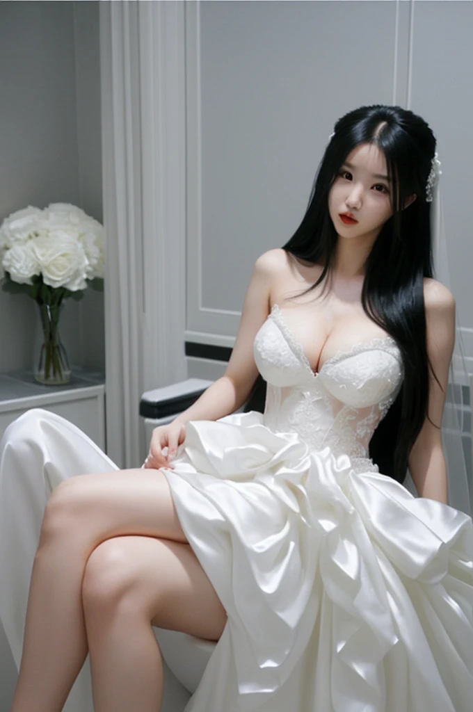 bride、A gorgeous, voluminous wedding dress、Super fat、Big Breasts、Big Ass、Super long straight black hair、Small private room、Sitting on the toilet