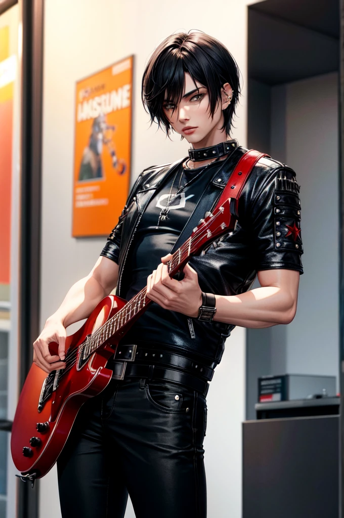 1 men, with scars on arms, alternative style, leather jacket, a rock band t-shirt, waist belt, black pants, piercings, all star, red guitar and shoulder-length black hair.