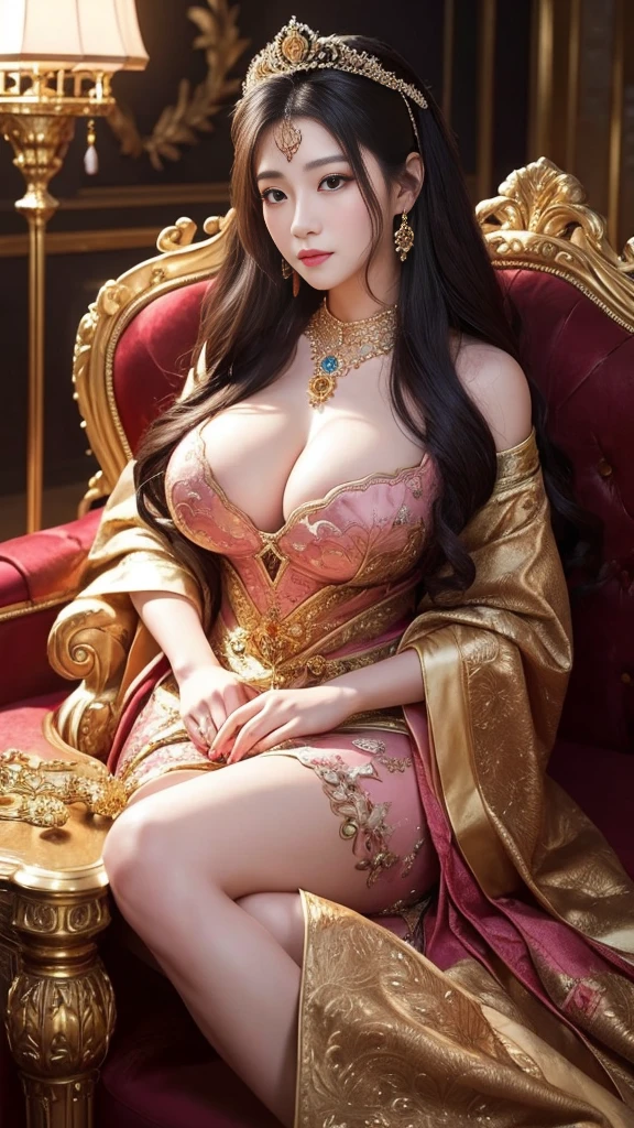 1 elegant japanese woman, beautiful detailed eyes, beautiful detailed lips, extremely detailed eyes and face, long eyelashes, intricate crown, luxurious pink dress, large ornate throne, holding a fan, long black hair, voluptuous figure, photorealistic, 8K, detailed painting, dramatic lighting, cinematic composition, vibrant colors, oil painting、She is sitting on a large throne with her legs crossed，She has such big breasts that they seem to rip her clothes off、Her room is made of gold、Behind her are many soldiers who are protecting her.、She looks down on me with eyes、The throne she sits on is bigger than her and very luxurious. She has the biggest breasts in the world.、There is a lion near her、There&#39;s a knight beside her，The throne she sits on is so big、Beside the throne where she sits is a knight guarding her.She is looking at this and smiling