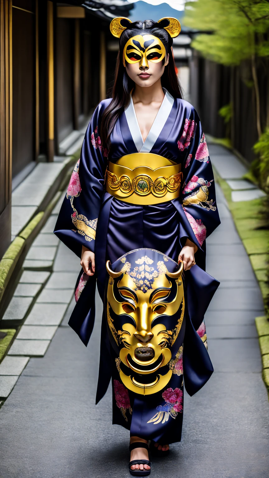 ((masterpiece)),(((Highest quality))),Kagura in Hiroshima Prefecture，Wearing an impressive demon mask:1.5，Wearing a kimono，The kimono is embroidered with tigers and dragons.，A kimono with gold, silver, and black as its main colors，It is a gorgeous kimono，Standing with knees bent and striding，The demon mask has long hair.，