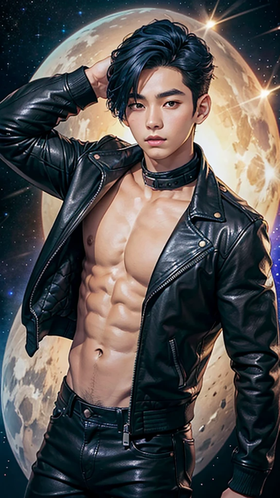 korean idols, The background is space., 
Young man number 1, oval face, black leather jacket, dark blue hair, 184 cm tall, .