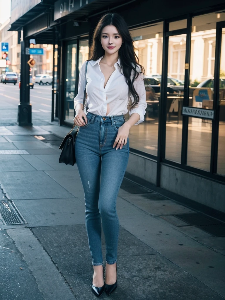 (((Full body image of a woman))), Instagram Model . Full body portrait of a fashion model, Glamour, Long black wavy hair, (((Bright Blue Eyes))), Mischievous Smile, Very detailed顔, Very fine grain. Large chest. ((Dark blue, skin-tight low rise jeans)),((White cotton shirt, unbuttoned to show chestの谷間)), Mid height heels, ((Handbags)). shopping, chest, chestの谷間, 8K, high quality, masterpiece, 最high quality, High resolution, Very detailed, Volumetric lighting, Realistic