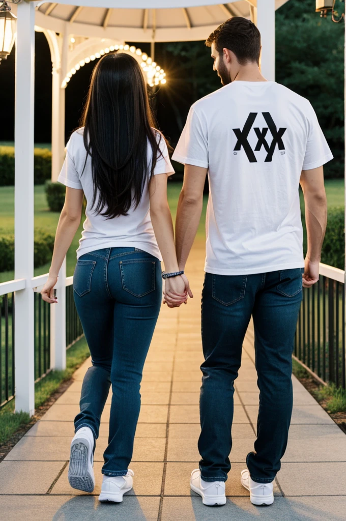 Couple holding hands from behind, man with brown hair and woman with long black hair, wearing white t-shirts with the initials xycy printed on them, jeans, and white tennis shoes in a gazebo at night