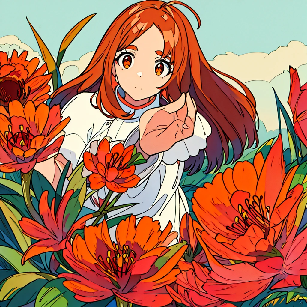 Orange plain background, lily flower, woman in white dress, brown hair, summer, nostalgic, simple
