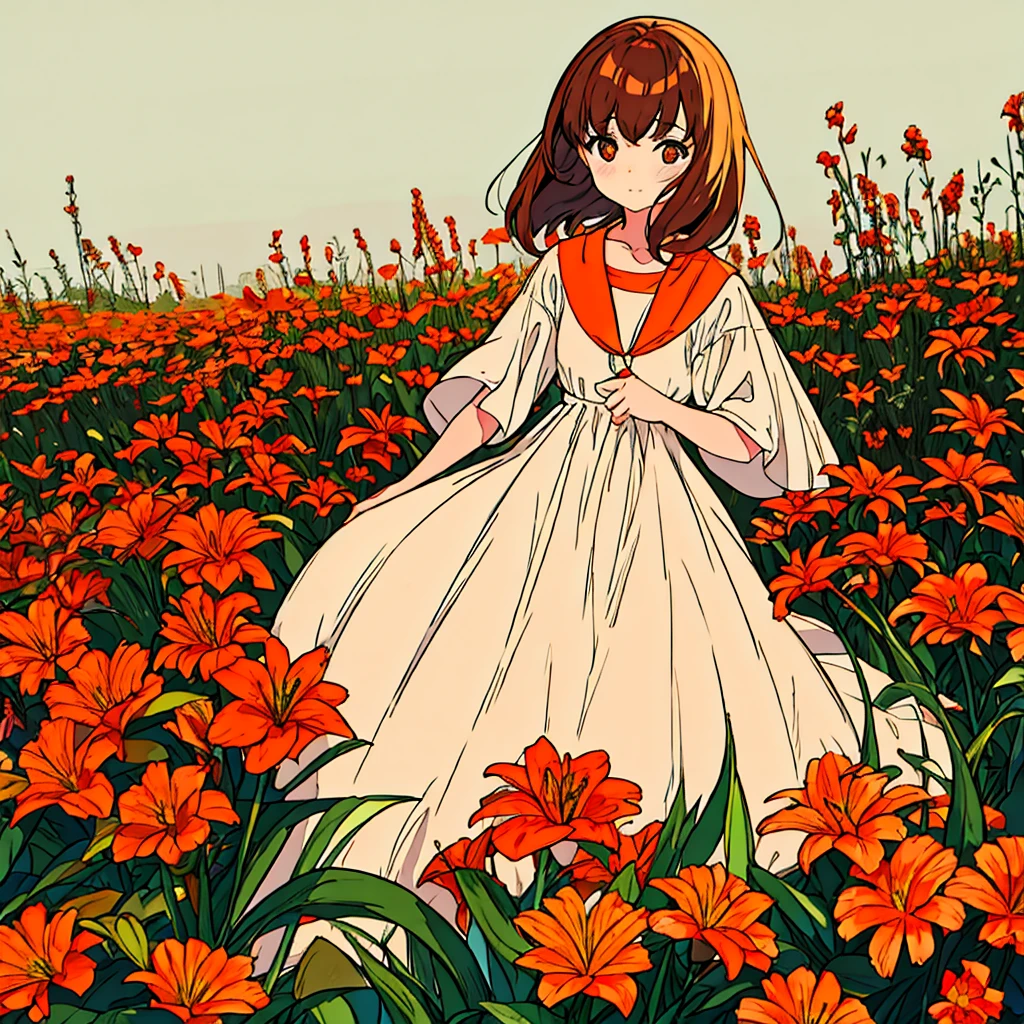 Orange plain background, lily flower, woman in white dress, brown hair, summer, nostalgic, simple