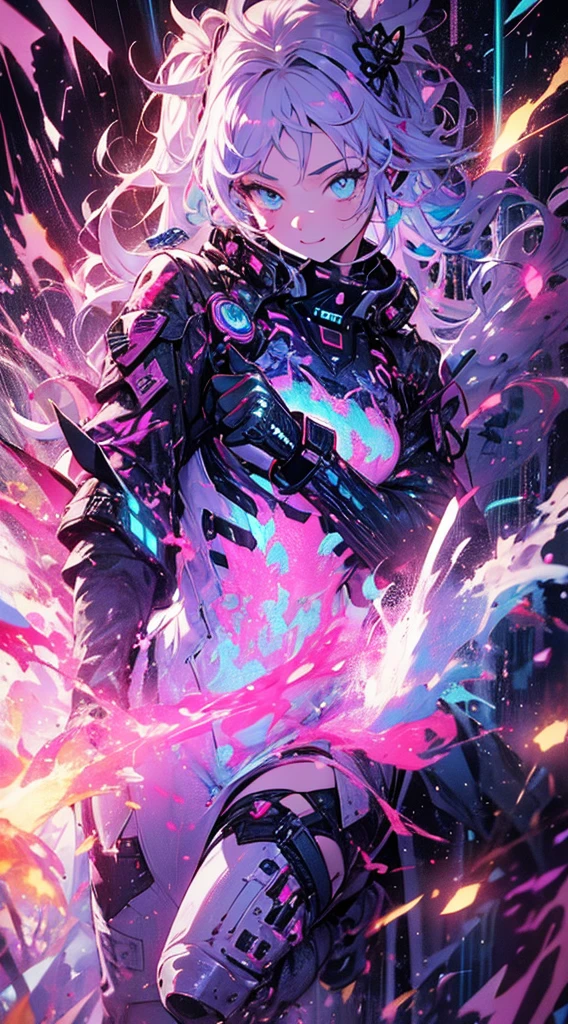 ((cyberpunked)),Optical camouflage、headset on head、Neon light、City of the Future、Glowing jumpsuit、(1girl in, Solo:1.6),(Cute smile),(Clothes are simple), (Best Impact:1.5), (maximalism:1.7), Vivid contrast, (Realistic), hyperrealistic illustrations, hight resolution, ultra-detailliert, absurderes,(Fractal Art:1.3)、Random hairstyle、Random hair color colorful、FULL BODYSHOT、Retro、Precise focus、randome pose、cinema4d、Drama
