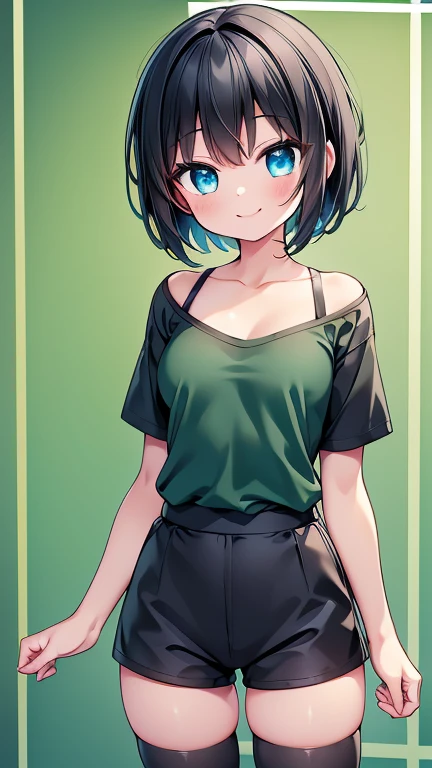 Highest quality,wonderful,finely,Highly detailed CG Unity 8k wallpaper, (1 Girl,Black Hair, blue eyes,short hair, Double Bang), (Small breasts:1.2), (T-Shirts:1.1), (clavicle:1.1), Shorts、Smiling Kindly、smile、(zettai ryouiki:1.2),(narrow:1.2), (Are standing:1.2)、Solid green background