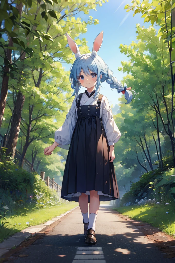 A peaceful road、Walk slowly、Happy expression、Braids on both sides、Bunny ears、Lots of greenery、