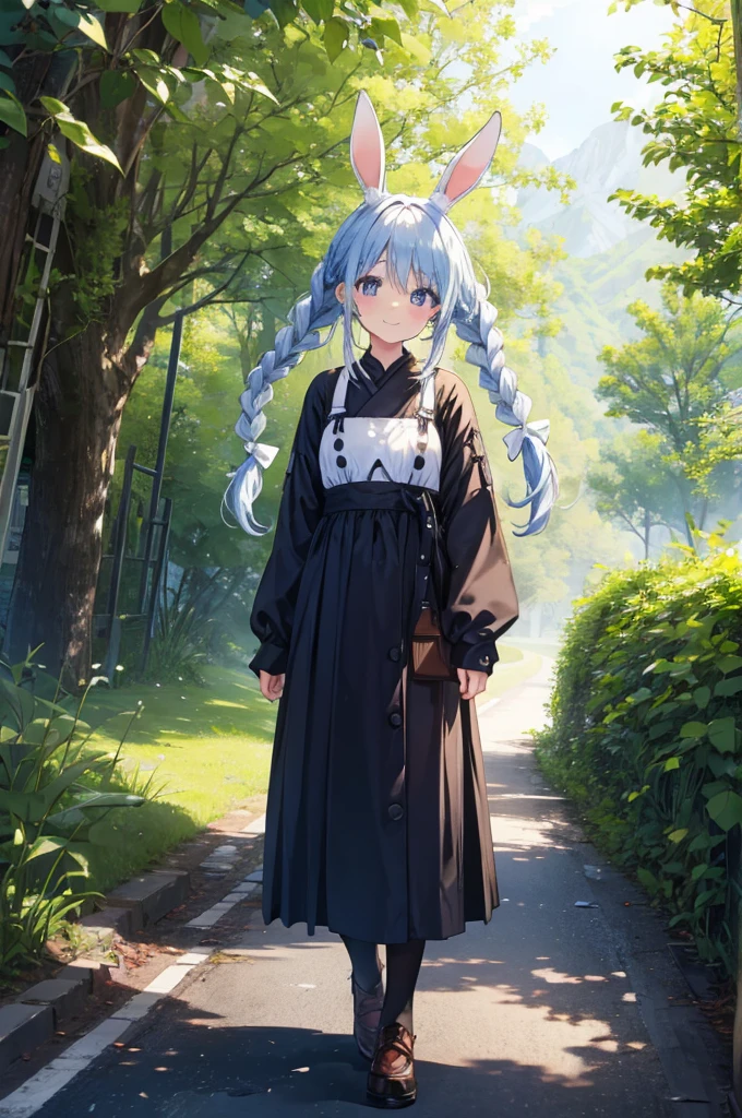 A peaceful road、Walk slowly、Happy expression、Braids on both sides、Bunny ears、Lots of greenery、