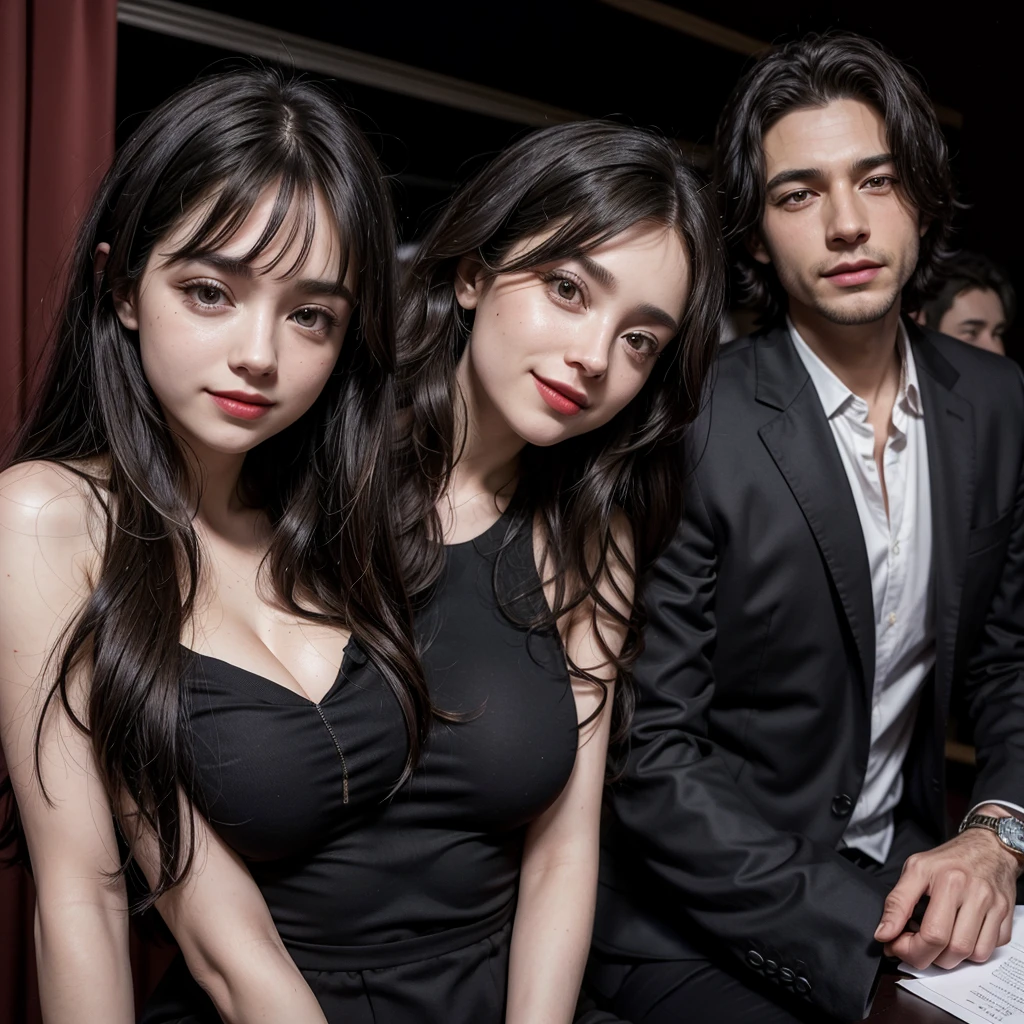 UltraHD realistic image, where Uruguayan actor Enzo Vogrincic is smiling in the corner, black suit dress, wavy black hair, with trim shaping the face and larger at the back of the neck, black shirt and black pants, Next to him is singer Sabrina Carpenter with long wavy blonde hair and messy bangs falling over her eyes, with red lipstick, wearing pink dress, bared shoulders, Sweetheart neckline dress. They are together as a couple.