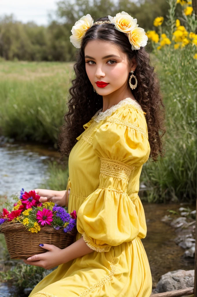 ( yellow dress with puff sleeves square neckline with lace details) (flower tiara for light brown curly hair) (big lips big blue eyes red lipstick) (basket of colorful flowers) (in the background sun appearing) (gypsy camp) (She is wearing a yellow dress with gypsy decorations and ruffled lace.) sitting by a stream (old style photo) (model looking at the sun)