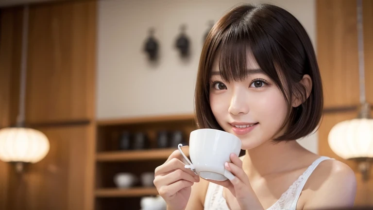 Produce the highest quality and highest resolution 8K images。Please draw the upper body of a 20 year old Japanese woman.。Please draw an image of someone drinking tea in a stylish coffee shop.。She has brown eyes and a model-like figure、She has an idol-level cute face.。Her hair is bob。The skin is、A healthy skin tone。she、I'm smiling at the camera。