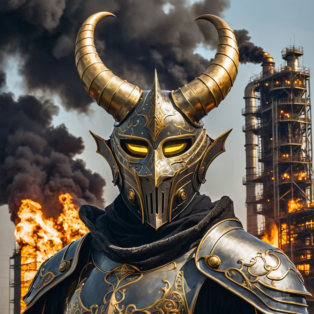 A giant in dull armor, with two shining golden eyes, two horns growing from above his ears, a mask covering his mouth like a knight's mask, a giant standing in a burning petrochemical plant,