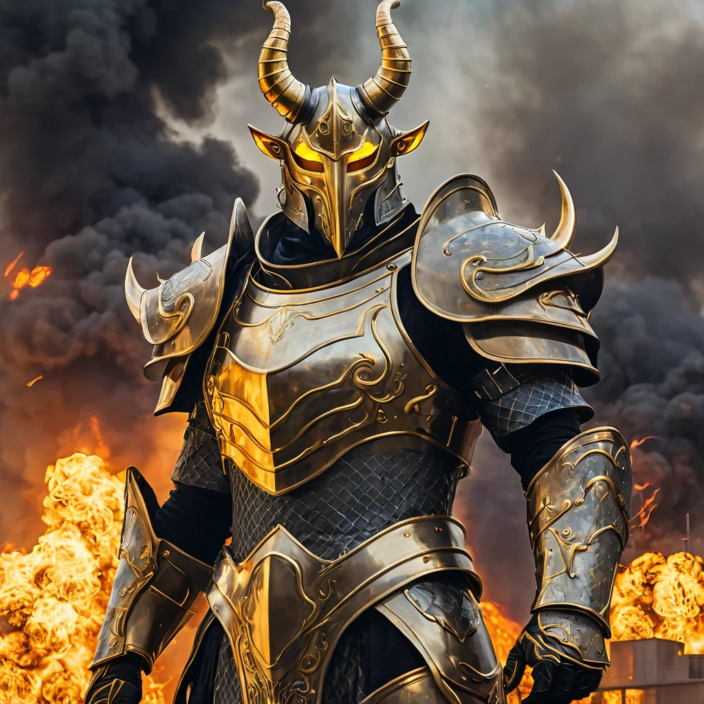 A giant in dull armor, with two shining golden eyes, two horns growing from above his ears, a mask covering his mouth like a knight's mask, a giant standing in a burning petrochemical plant,