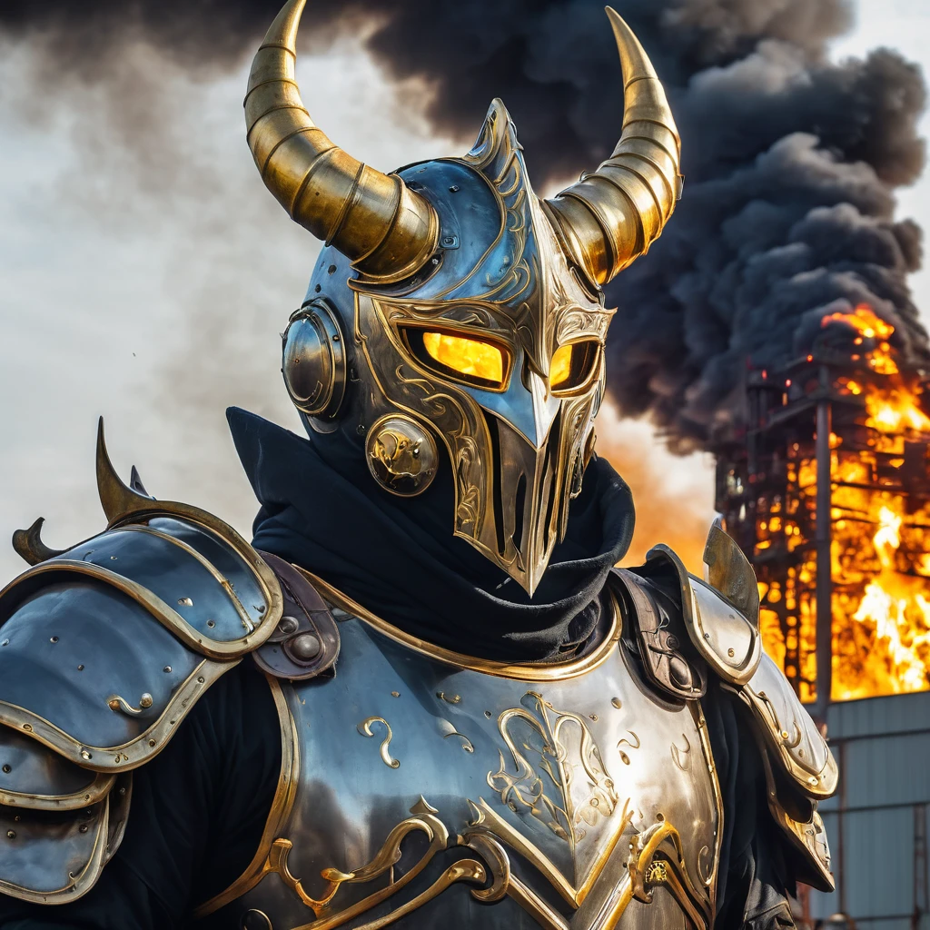 A giant in dull armor, with two shining golden eyes, two horns growing from above his ears, a mask covering his mouth like a knight's mask, a giant standing in a burning petrochemical plant,