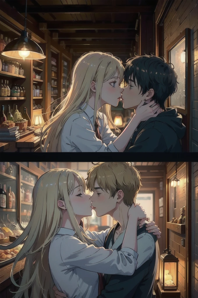 ((best quality)), ((masterpiece)), (detailed), one girl with long blond hair kiss one muscle blond guy, view from side on scene, passionate kiss, cozy atmosphere, cozy lighting, standing poses