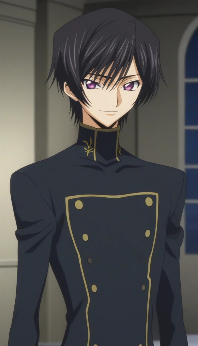 score_9, score_8_up, score_7_up, source_anime, rating_safe, intricate details, anime screencap, , , looking at viewer, depth of field, 1boy, solo, male focus, lelouch_lamperouge, black hair, purple eyes, bangs, smile, cute, black suit costume, castle, room, night.