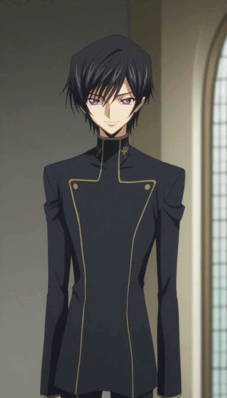 score_9, score_8_up, score_7_up, source_anime, rating_safe, intricate details, anime screencap, , , looking at viewer, depth of field, 1boy, solo, male focus, lelouch_lamperouge, black hair, purple eyes, bangs, smile, cute, black suit costume, castle, room, night.