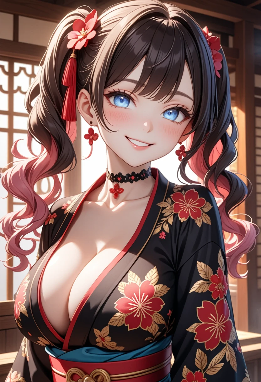 Super detailed, ((One personの少女)), (Pale skin:1.4), Pastel colored gal, (Heavy makeup), (Professional Lighting) Super detailed, Absurd, 8K, Beautiful Face, , ((Teasing Smile:1.8)), ((Wink:1.7)), (Laugh with your mouth closed),((Tilt your face:1.6)), View your audience, ((Bright red cheeks:1.6)),Glossy Red Lips, ((Big Breasts:1.4)), ((Take off:1.2)), noon, Shrine festival sexpensives, ((Anime style background)),masterpiece, Highest quality, so beautiful,up to date, Complex details, (Pink long nails), (nail art), (ring),(bracelet), (Floral Choker),AI-generated, Complex,High resolution, Highest quality, super high quality,3D Images、3D Images,One person, Pastel pink medium,(Low Twintails), (Wavy Hair:1.3), Pastel colored anime womenが写真を撮るためにポーズをとる, ((fine grain、blue eyes、Glowing Eyes:1.4)), (Squint your eyes:1.1),a hyperRealistic , hyperRealistic , Realistic,Pastel colored anime women, Smooth anime CG art, A girl in a gorgeous black kimono, ((Black long sleeve kimono)),(Big red floral pattern), Gold embroidery, (Side bust), Long flower hair ornament,Floral Earrings,japanese pouchを手に持つ,Mature Body, expensive,Tight waist, ((From the side:1.2)), ((Leaning forward:)), ((Upper Body)), ((I'holding a fan in hand)),