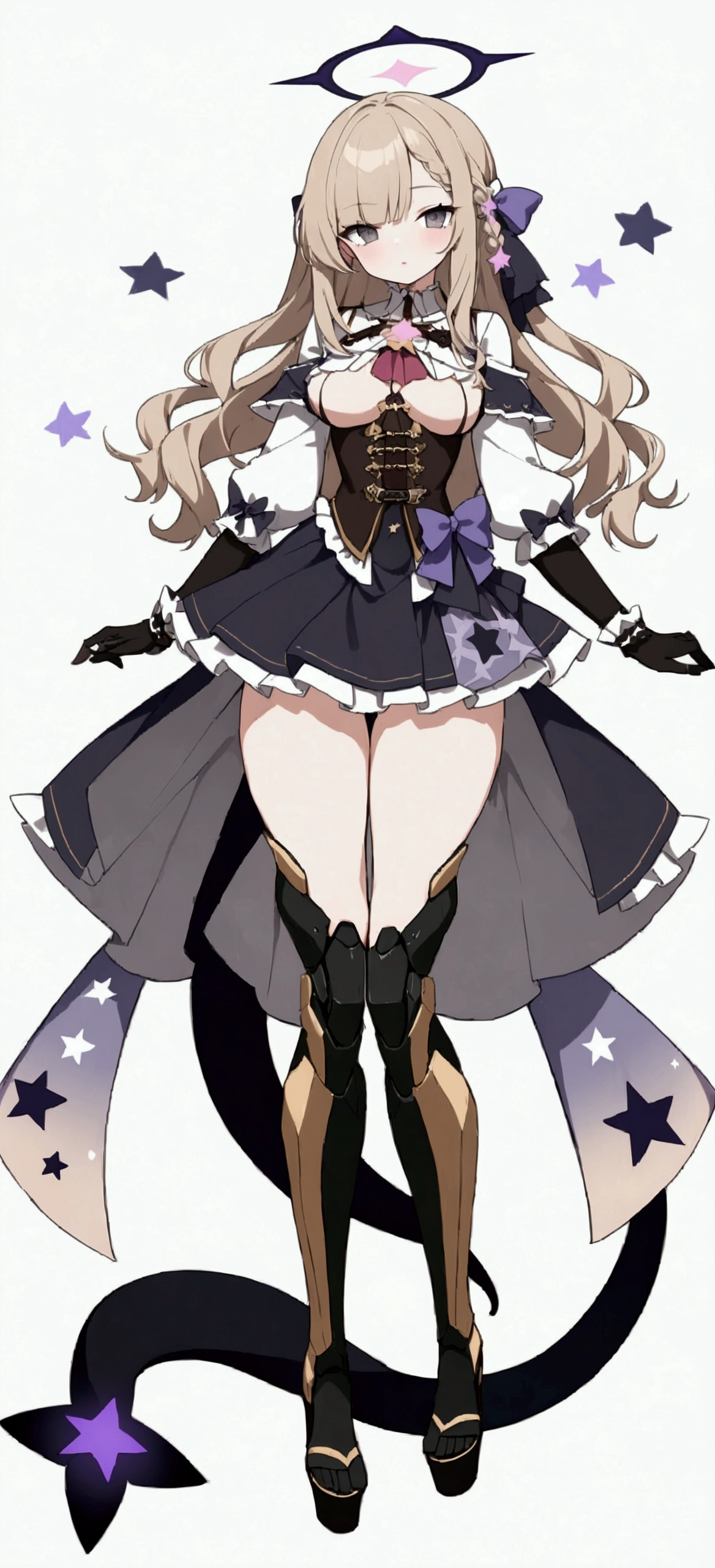 woman 170 cm tall. medium chest, wide hip, slim build, ((whole body)). (((character design sheet: front view))). (dark blonde hair, (hip-length wavy hair with asymmetrical bangs), (She has a short braid tied with an elegant purple bow on the left side of her hair above her chest). (She has a short braid tied with an elegant purple bow on the right side of her hair above her chest). She has small ribbons in the back of her hair..). ((Gray eyes with a pink 4-pointed star in the pupil.)). Two black and purple serval ears located on the top of the head. (Luminous black halo with purple star patterns above his head). He has a black collar with a heart emblem on his neck.. (Elegant one-piece long dress with lace and ruffle thigh-high skirt, ribbon decorations and star patterns on the dress). black gloves, beautiful black platform heels. gray belt at the waist with a large ribbon with a luminous pink heart in the middle. (It has a beautiful succubus tail with a small purple star on the tip.). ((It has complex mechanical legs that reach up to the thighs and are black with small purple details..)). beautiful detailed hair, beautiful detailed dress. extremely detailed arms. extremely detailed face, small face, Beautiful detailed eyes, beautiful detailed lips. adorable. extremely detailed legs. (Best Quality, 4k, high resolution), ultra detailed, Exquisite and epic character art., ((White background)). (Focus on symmetry).