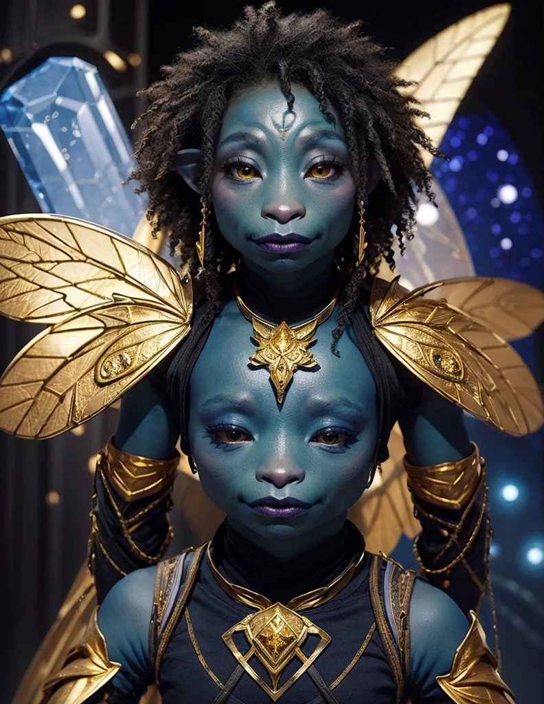 dousan, gelfling, afro hair, blue skin, giant opalk crystals, dark eyes, gold tattoos, insect wings