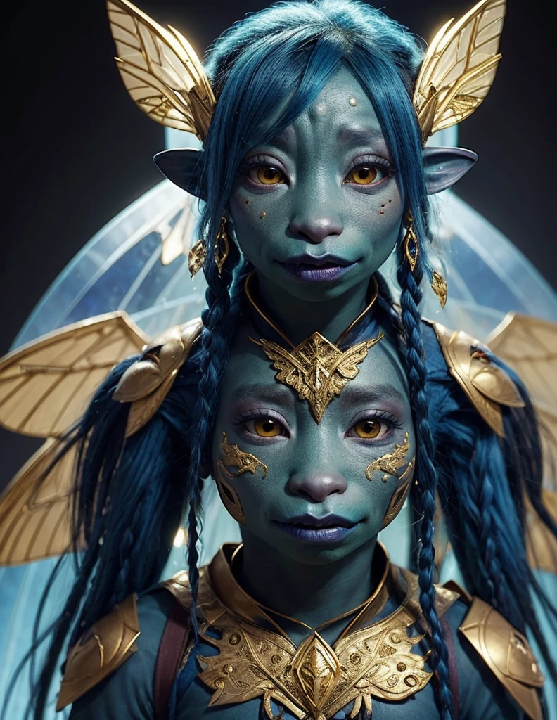 dousan, gelfling, afro hair, blue skin, giant opalk crystals, dark eyes, gold tattoos, insect wings