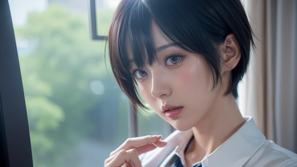 anime girl with short hair and a tie looking out a window, beautiful anime portrait, smooth anime cg art, detailed portrait of anime girl, stunning anime face portrait, portrait anime girl, anime. soft lighting, realistic anime artstyle, anime art wallpaper 8 k, beautiful anime girl, detailed digital anime art, digital art ilya kuvshinov, anime style 4 k