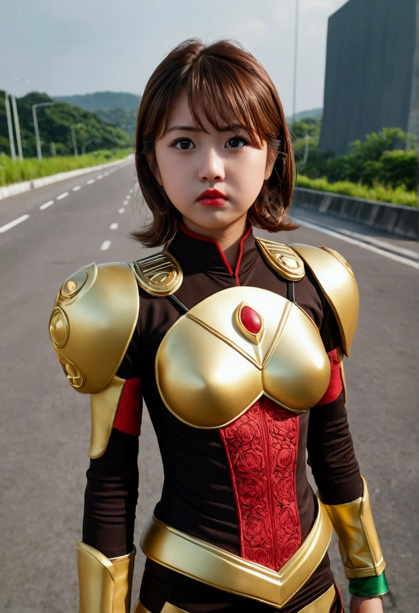 (Kamen rider Ark) Very cute and baby-like face, Power puff girl, Naked, Angry pose, Angry face, (((BROWN HAIR MALAY GIRL))), (((LONG HAIR))), masutepiece, High quality, UHD 45K, Realistic face, Realistic skin feeling , A Japanese Lady, 8 years old, , Very cute and baby-like face, (((FLAT CHEST))), (MATRIX WORLD), ((look In front at the camera and SADNESS)), (((SMALL BREAST))), (((CUTE GIRL))), ((RED LIPS)), ((RED, BLACK, GOLD, KAMEN RIDER SUIT)), ((CHUBBY)), ((VISIBLE CLEAVAGE)), ((RED NAIL)). Standing at the toll road
