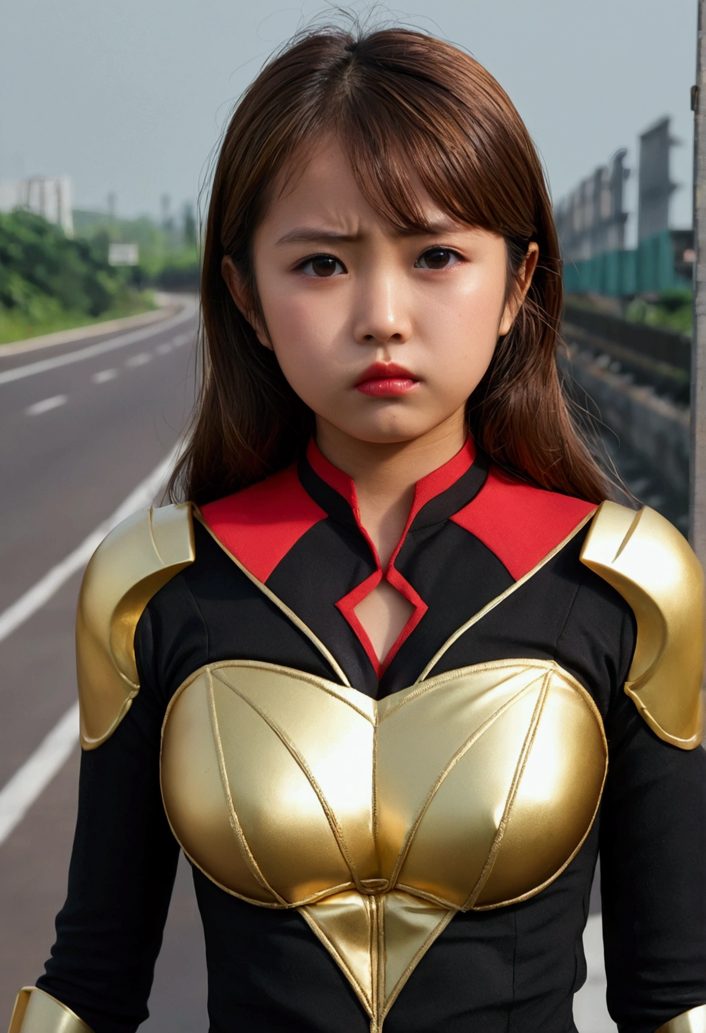 (Kamen rider Ark) Very cute and baby-like face, Power puff girl, Naked, Angry pose, Angry face, (((BROWN HAIR MALAY GIRL))), masutepiece, High quality, UHD 45K, Realistic face, Realistic skin feeling , A Japanese Lady, 8 years old, , Very cute and baby-like face, (((FLAT CHEST))), (MATRIX WORLD), ((look In front at the camera and SADNESS)), (((SMALL BREAST))), (((CUTE GIRL))), ((RED LIPS)), ((RED, BLACK, GOLD, KAMEN RIDER SUIT)), ((CHUBBY)), ((VISIBLE CLEAVAGE)), ((RED NAIL)). Standing at the toll road