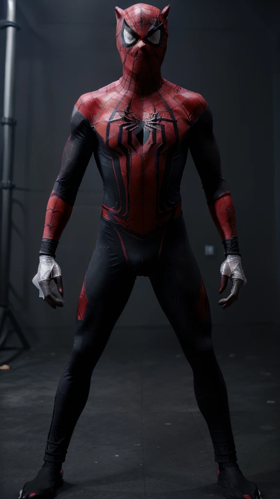 (((body and palm posture like a wolf man, the whole body and torso are covered in a spider man costume, ))) (the color of the spider man costume is dark gray and black with red and dark blue accents, a fine feather pattern motif that appears on the oengan and legs with clear wolf claws), the eye and ear motifs become one unit