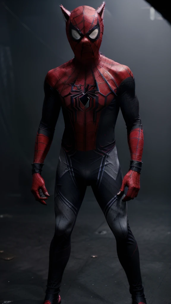 (((body and palm posture like a wolf man, the whole body and torso are covered in a spider man costume, ))) (the color of the spider man costume is dark gray and black with red and dark blue accents, a fine feather pattern motif that appears on the oengan and legs with clear wolf claws), the eye and ear motifs become one unit