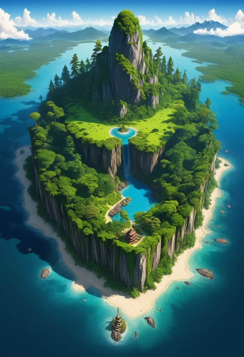 a giant island with very tall trees, but in the center of the island there is a tree, thick and the island has many mountains, and in one part of the island I want there to be a very large lake and around the island there is only the sea
