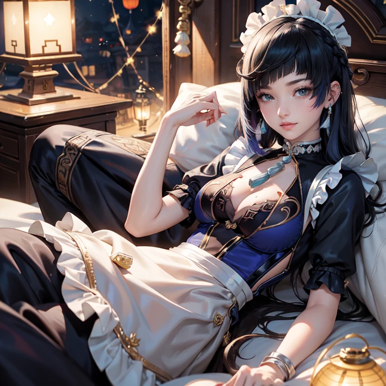 Yelan_(genshin impact), 1girl, white roses, ornament hair, roses on her hair, maid, maid dress, maid headdress, maid apron, navy hair, long hair, seat on a sofa, chinese home style, Chinese maid dress, gold lantern, black dress, more details on her clothes, golden details, night, smiling, chinese architecture, solo, alone