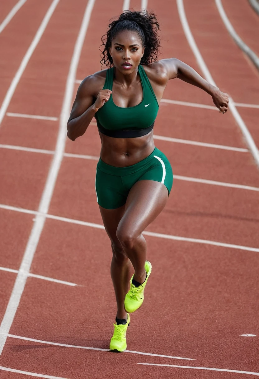 um close de uma mulher sprinting em uma pista com uma trilha leve atrás dela, sprinting, athlete photography, hyperspeed, Bookmarks, athletic body, cover photo, dynamic active running pose, high-speed sports photography, sports photography, por Edwin Georgi, lightspeed, high-speed movement, Dynamic film still, sports photography, film still promotional image, realistic pulsing energy, detailded, 4K. A woman in a black blouse. Portrait of an ATHLETE, fierce expression, sweat on the face, [realisitic], (strong lighting: 1,2), (racing scene: 1,1), (4k resolution. Black sports bra and shorts, com eyeballs atentos, Running posture, waist 1 hyper-realistic real photo, close frontal, with passion and anger, Mulher completamente Arafed com eyeballs verdes. Pose of a strong woman, musclegirl, determinate expression, fierce gaze, athletic build, confident pose, linda jovem negra de 25 anos com darkskin volumosa com reflexos castanhos, eyeballs verdes, lindos eyeballs verdes, eyeballs verdes realistas, detaildeds. eyeballs, ultra-realistic, symmetrical, hyper-realistic (eyeliner, long and perfect eyelashes, the nose is small and proportional to the face and the soft contour of the face that accentuates the high cheekbones, Attractive and irresistible mouth). defined lips, fleshy lips, voluminous lips, seductive lips, captivating black lipstick, memorable, unforgettable and enigmatic. the face is oval, with high cheekbones and a well-defined chin, um rosto bonito e detailded. black lipstick, gothic makeup. skin tone: brunette skin, healthy and evenly glowing, with dark skin, darkskin, garota sexy with dark skin, detailed skin texture, Beautiful and glowing skin, details Intricate, unsmooth skin, healthy and radiant appearance. hourglass-body, voluptuous body, Slender Woman, Breasts huge, well toned belly, Waist slender, Broad Hips, big hips, huge butt, thick-thighs, Long, shapely legs. 50mm Lens, f/2.8, HD
