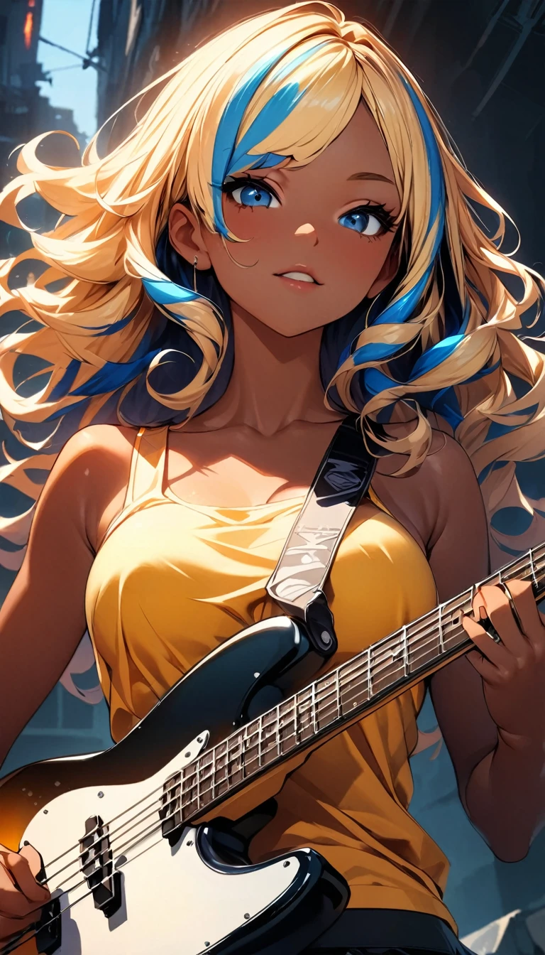 Anime Style,Nostalgic,Detailed background,Magical World,A lively bar with lots of people,Beautiful sky,Smiling beauty,guitar,Large Breasts,Healthy thighs