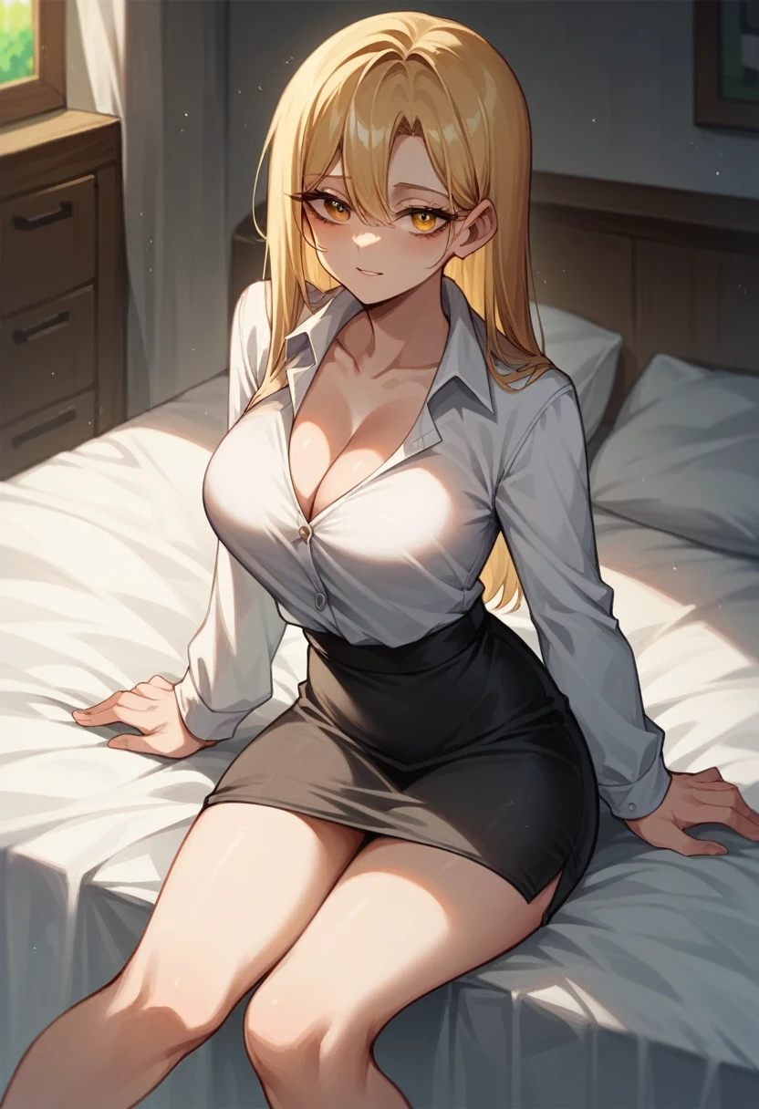 Minecraft Enderman Girl Golden silky straight hair Wearing a shirt and skirt The cleavage is visible beautiful tall Tall slender Minecraft World Sitting on the bed Dark blonde Black painted room