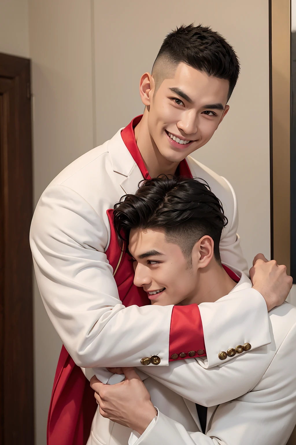 A man with black hair, pink highlights, black eyes, a handsome face, Full chest muscles, Buzz cut，Stylish short hair，a mischievous smile, eyebrow piercing, nose piercing, wearing a Spider-Man costume. Face looks like a Chinese man A little muscular sexy poses and hugged the neck of a tall man with white hair, red eyes, and a mischievous smile. Wear a white suit and have long hair. His face was handsome, tall, muscular, and smiling. He held a katana.