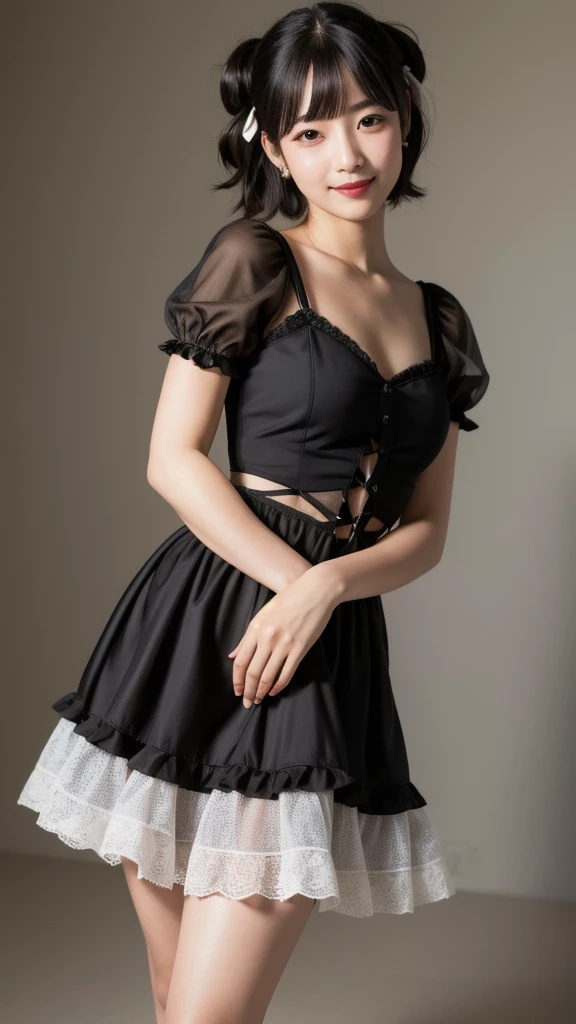 (8K, Photorealistic, Raw photo, Highest quality: 1.4),Japanese idol-style beautiful girl,1 person,18-year-old,(Short Bob),(Black Hair :1.1),She has her hair tucked behind her ears,Clear grey eyes,Long eyelashes,(piercings(small)),(Lip gloss),lips(Plump,glossy),thin long neck,gothic lolita dress,Frills,petticoat,layer,Smiling at the camera,Full body portrait