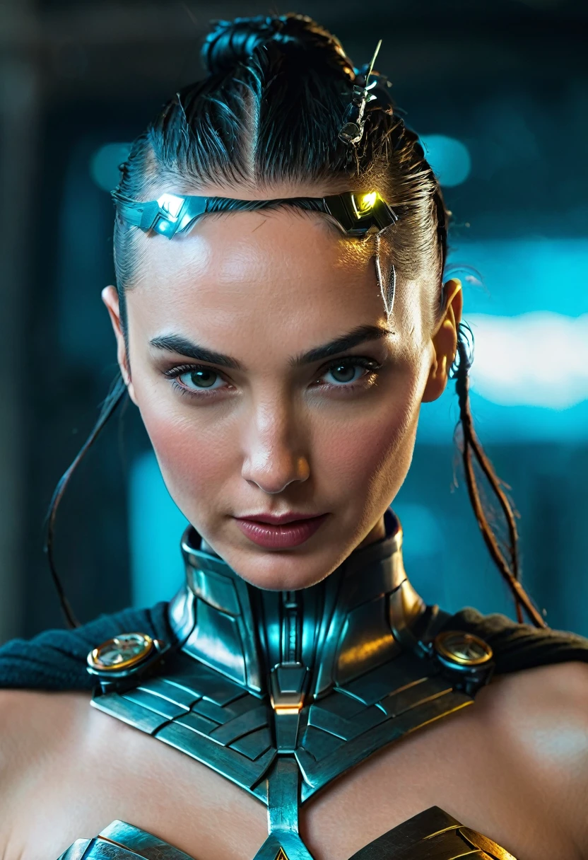 (((In extreme close-up, a cyber punk woman Gal Gadot under the mantle of the Amazon warrior (((a part of his head shaved))) Wonder Woman Diaema Cyber Punk front images color images Splash Wonder Woman Diaema Wonder Woman Cyber Punk))),(((a part of his head shaved))),(((Diaema Wonder Woman))),(((shaved)))