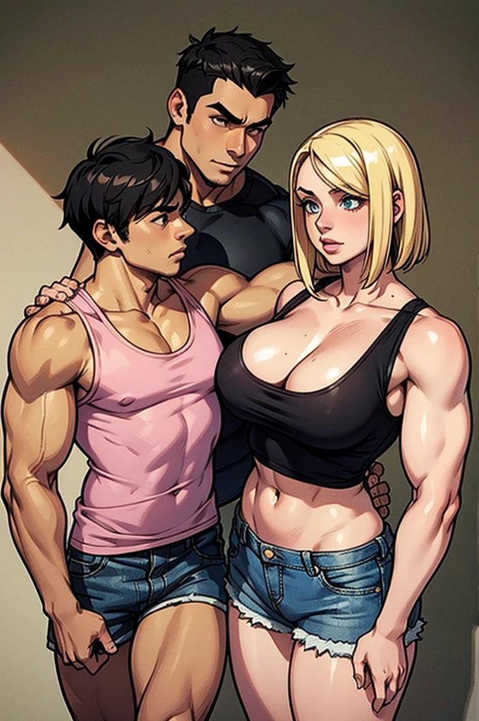 Young blonde and man with black hair and muscular, the girl wearing a pink tank top with a low neckline, defined breasts, wearing short denim shorts, the man wearing a white tank top, with a muscular body