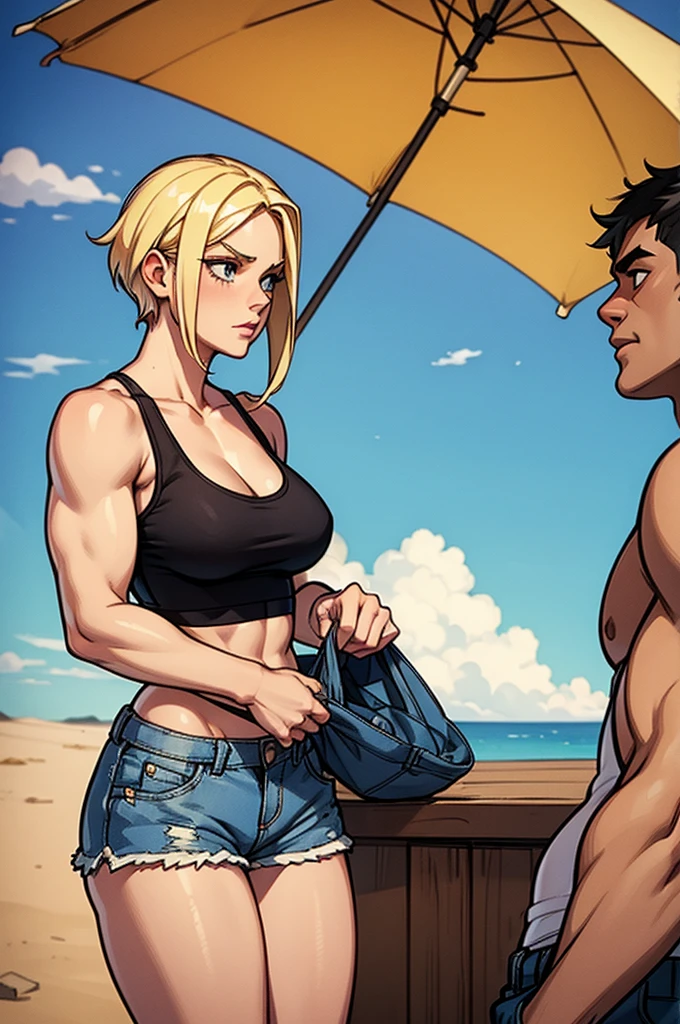 Young blonde and man with black hair and muscular, the girl wearing a pink tank top with a low neckline, defined breasts, wearing short denim shorts, the man wearing a white tank top, with a muscular body