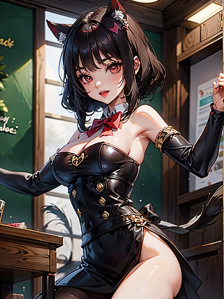 1chica junkotvv, long black hair with cat ears and red eyes Harry Potter theme showing a young female teacher with big breasts, Dress appropriately, professional clothing, Well organized printing, youthful energy, soft skin, bright Eyes, Gentle and confident expression, straight waist, High and safe, An air of tenacity and determination, determined look, smile, Passion and dedication,Chalk in your hand,blackboards,A group of students sat under the classroom podium,Masterpiece,The best quality at the best.,4k,8k,high quality,A high resolution